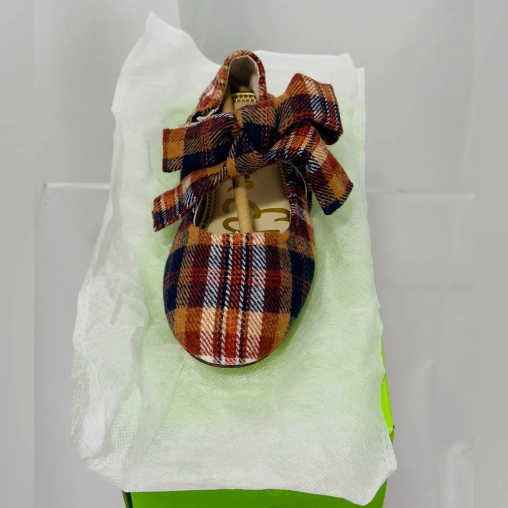 Sam Edelman Felicity Little Kid 3 Rust Plaid Multicolored Ballet Flats & Bow NWT